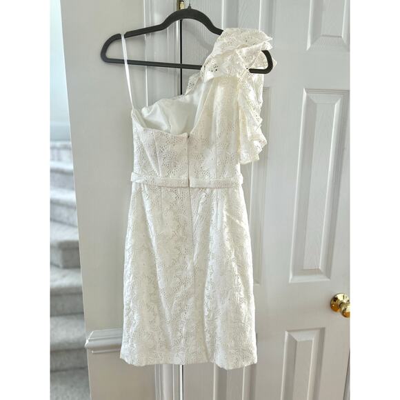 The Dress Priscilla of Boston Cream White Eyelet Ruffle Shoulder Mini Dress - Picture 2 of 6